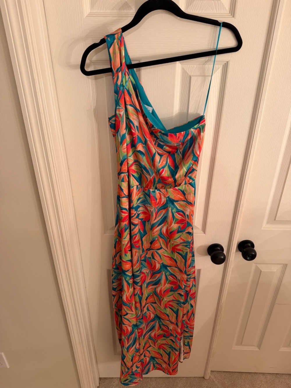 Nicole Miller One-Shoulder Maxi Dress in Teal, Coral, Yellow